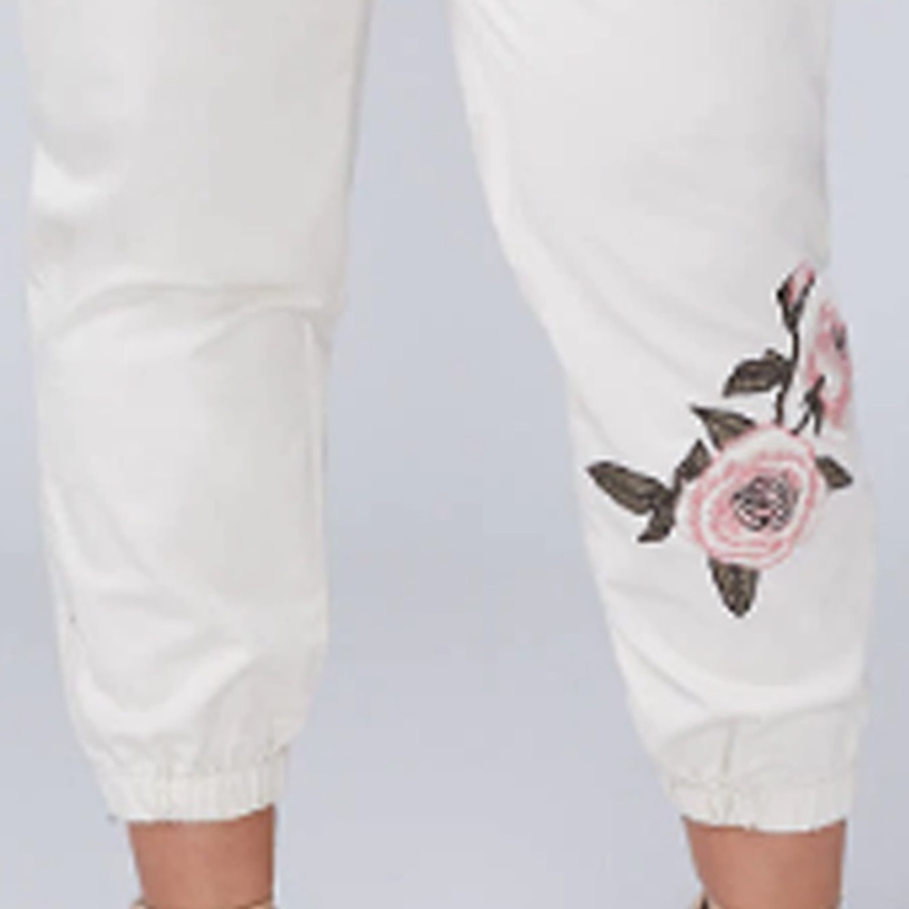Lane Bryant Birch Embroidered Utility Ankle Pants cream pink roses - Picture 2 of 10